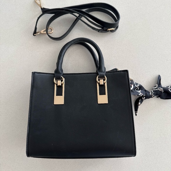 Handbags - Black Structured Top Handle Crossbody Purse Faux Leather Basic Purse Everyday